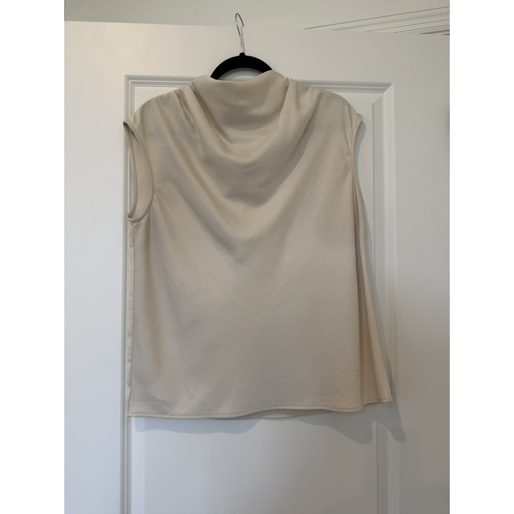 Ann Taylor Top Size Medium Ivory Satin Look Blouse Sleeveless Mock Cowl Neck